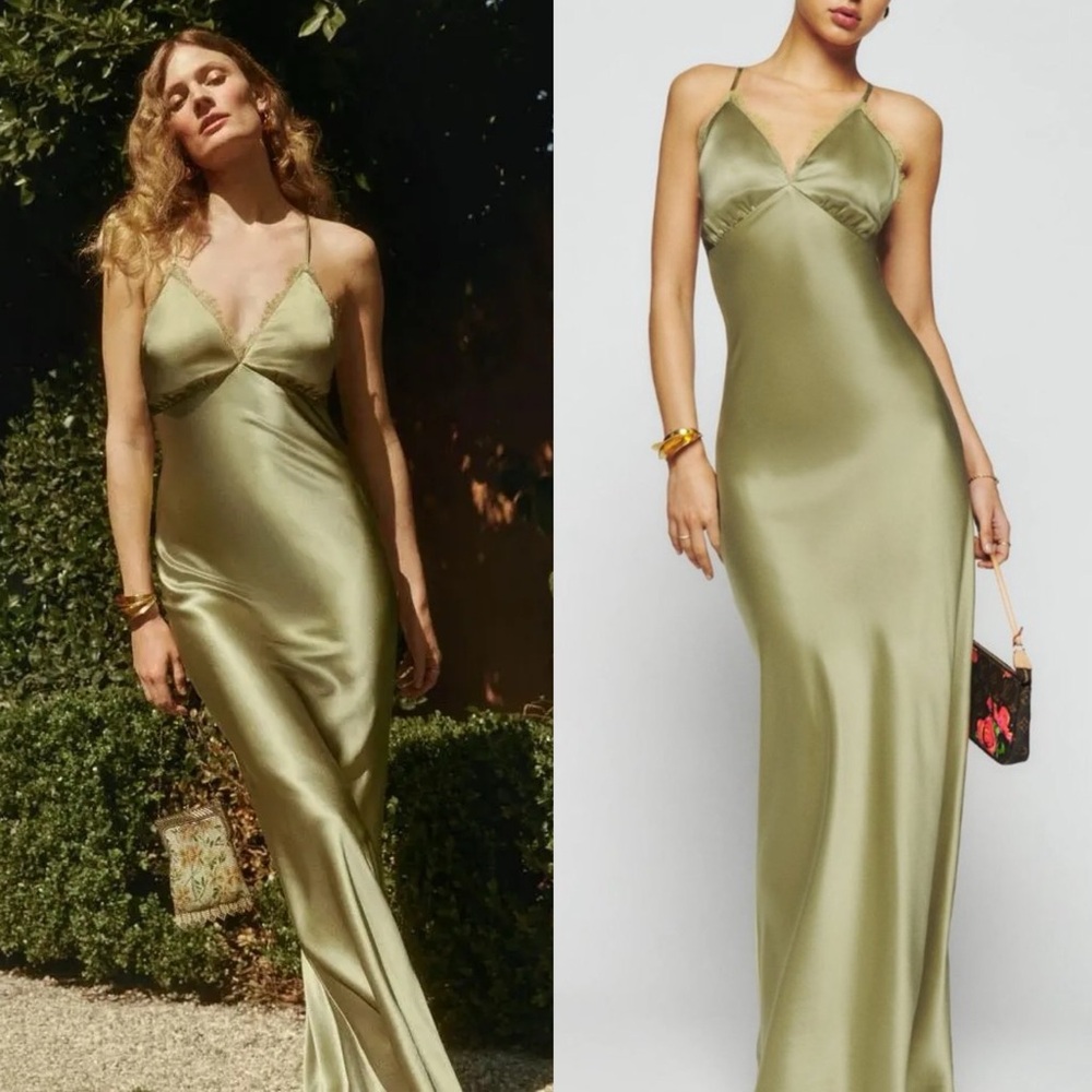 NWT Reformation Maysen Silk Maxi Dress Gown Olive Oil